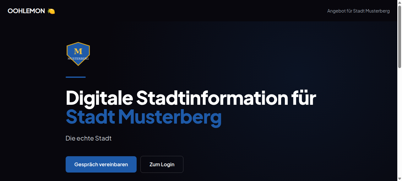 White Label Landingpage der Stadt Musterberg mit Wappen und Stadtfarbe